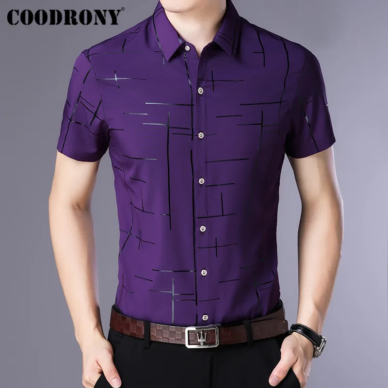 Фиолетовый COODRONY, мужская рубашка с коротким рукавом, Camisa Masculina,, летняя крутая рубашка, Мужская одежда, деловые повседневные рубашки, Chemise Homme S96033 - Цвет: Фиолетовый