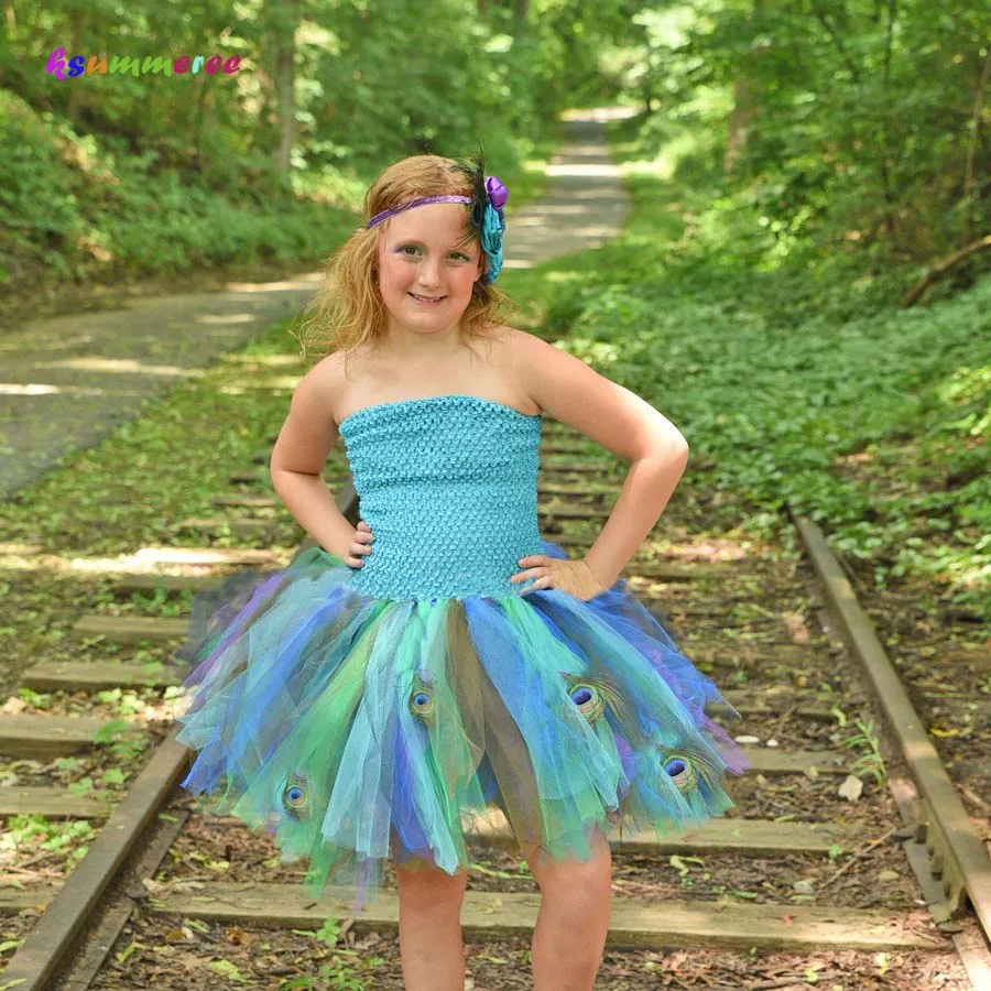 Ksummeree Turquoise Peacock Feather Girls Tutu Dress Halloween Purim Birthday Party Children Pageant Ball Gown | Детская одежда и