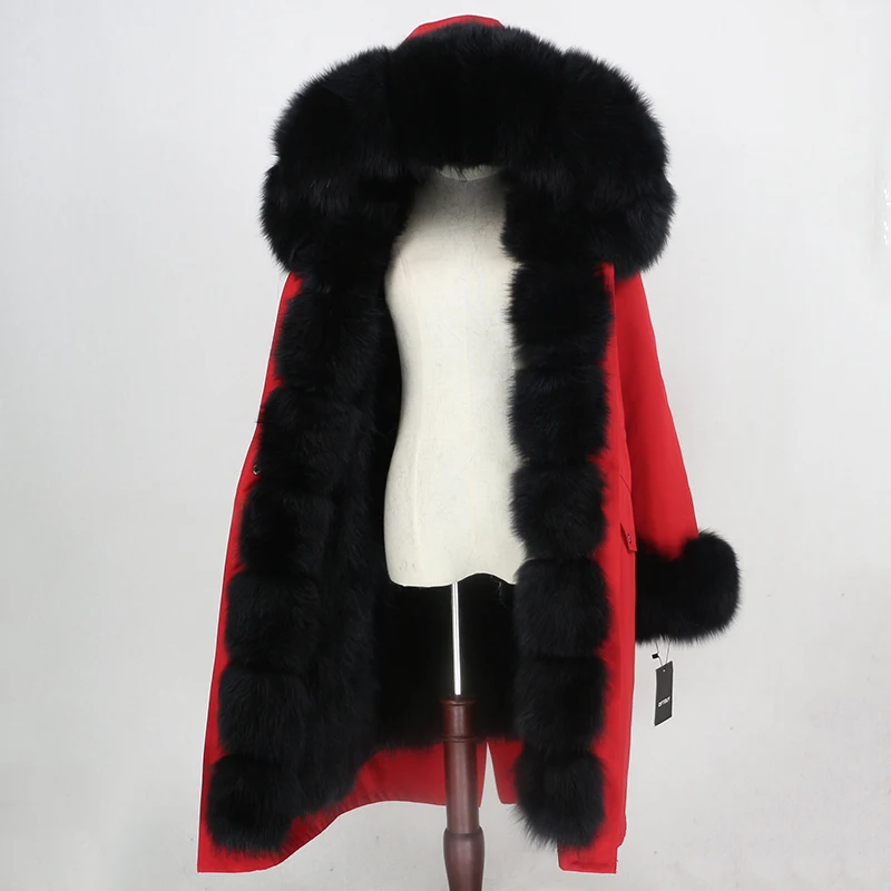 red black OFTBUY, зимняя женская куртка, пальто с натуральным мехом, удлиненная парка, водонепроницаемая верхняя одежда, Воротник из натурального Лисьего меха, капюшон, подкладка из лисьего меха, съемная - Цвет: red black