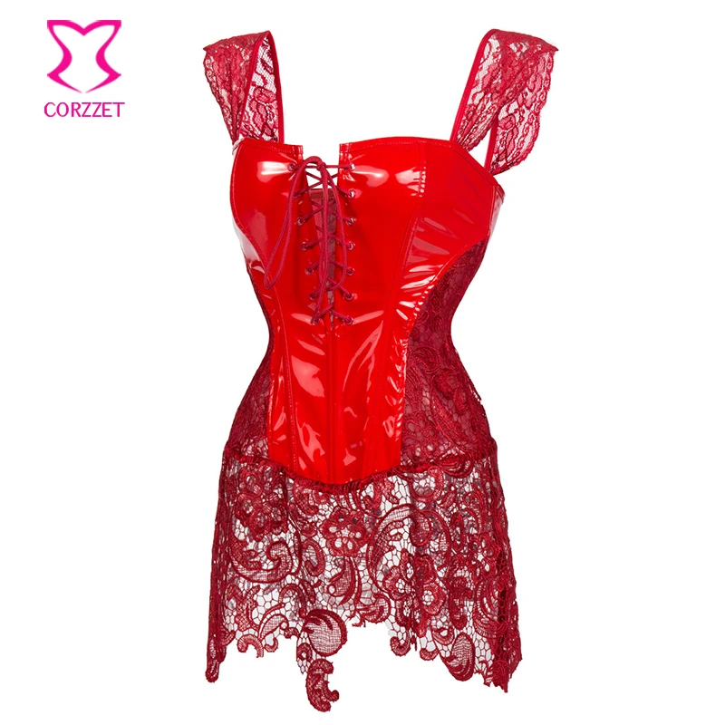 Красное цветочное кружево и ПВХ горячее сексуальное платье с корсетом