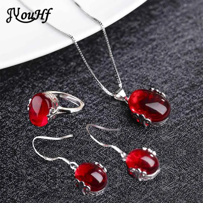 

JYouHF Fashion Red Corundum Stone Jewelry Sets Oval Shaped Necklace Earring Ring Jewelry Wedding Bridal Dress Accessories Gift