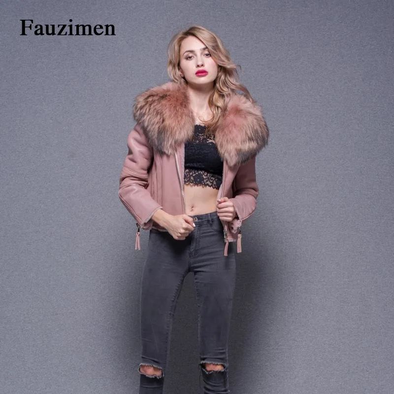 

autumn warm winter coat Sheepskin For Women Lamb black Leather Jacket Double Face Coat windbreaker street wear ladies jackets