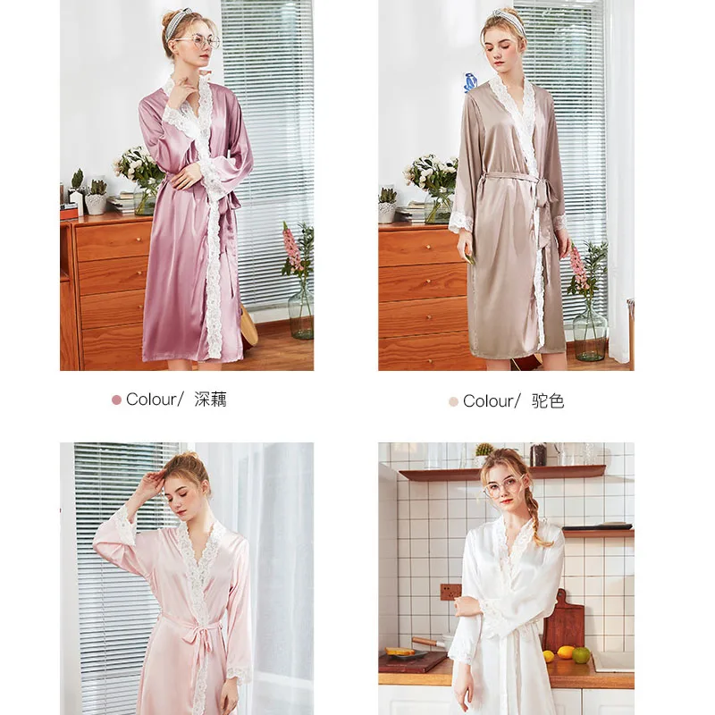 Women pajamas Lace Female Robe Silk Kimono Bathrobe 2019 Spring Summer Sweet Elegant Bride Robes Satin Dress | Женская одежда