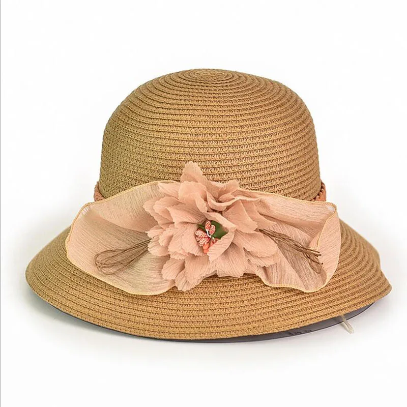 

2017 New Fashion Women Summer Hats with Flower Solid Wide Brim Floppy Panama Bucket Hats Female Foldable Beach Sun Hats