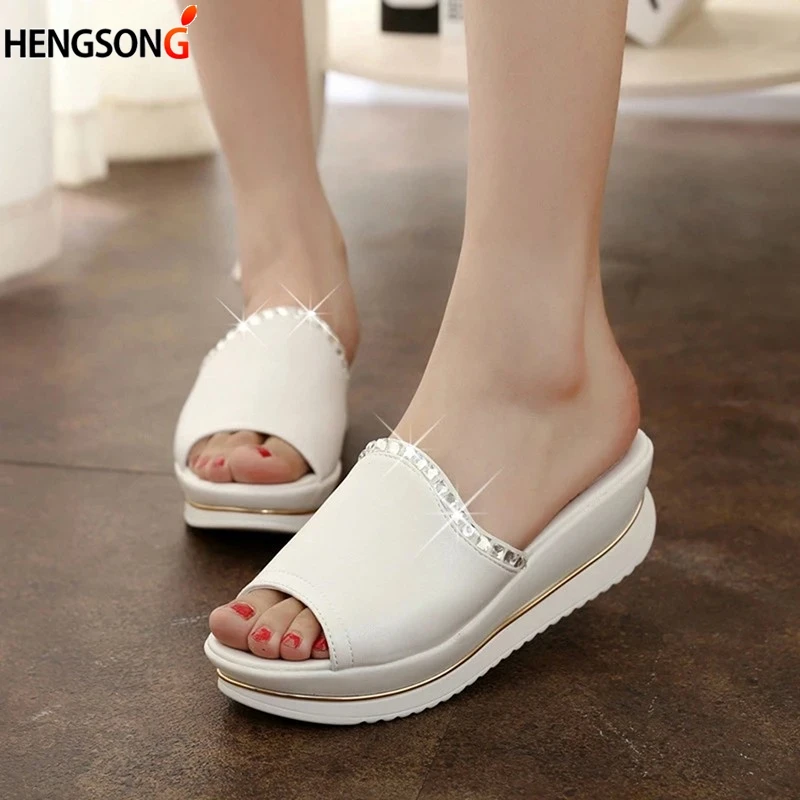 

2020 Summer Platform Slippers Women PU Leather Sandals Slides Sandals Shoes Wedges Platform Shoes With Crystal