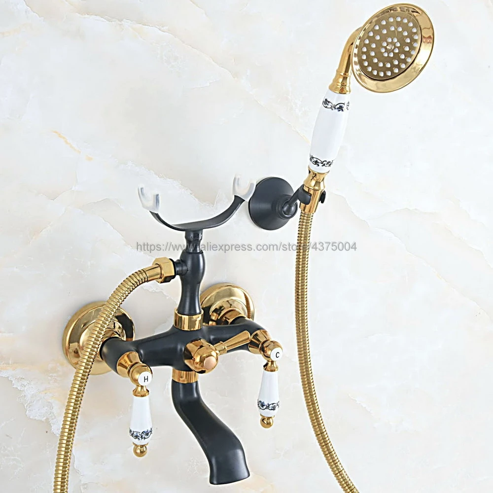 Bathtub Faucets Black Gold Brass Shower Dual Handle Wall Mounted Bath And Faucet With Handheld Showers Ntf06 | Обустройство дома