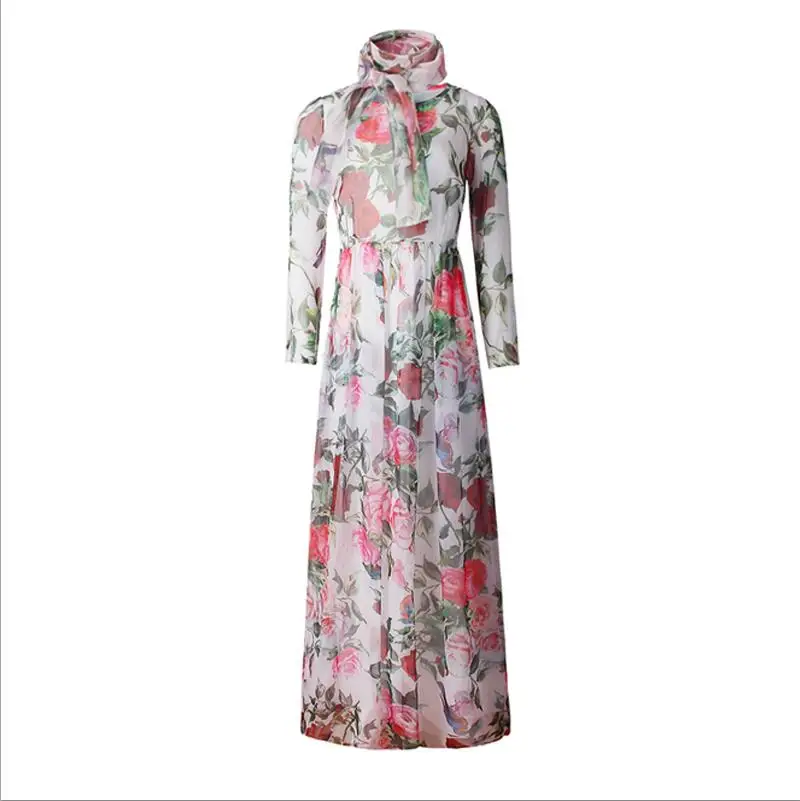 White flower WICCON Новое модное женское платье с принтом розы Vestidos элегантное пляжное шифоновое длинное платье повседневное винтажное весенне-летнее платье с круглым вырезом - Цвет: White flower