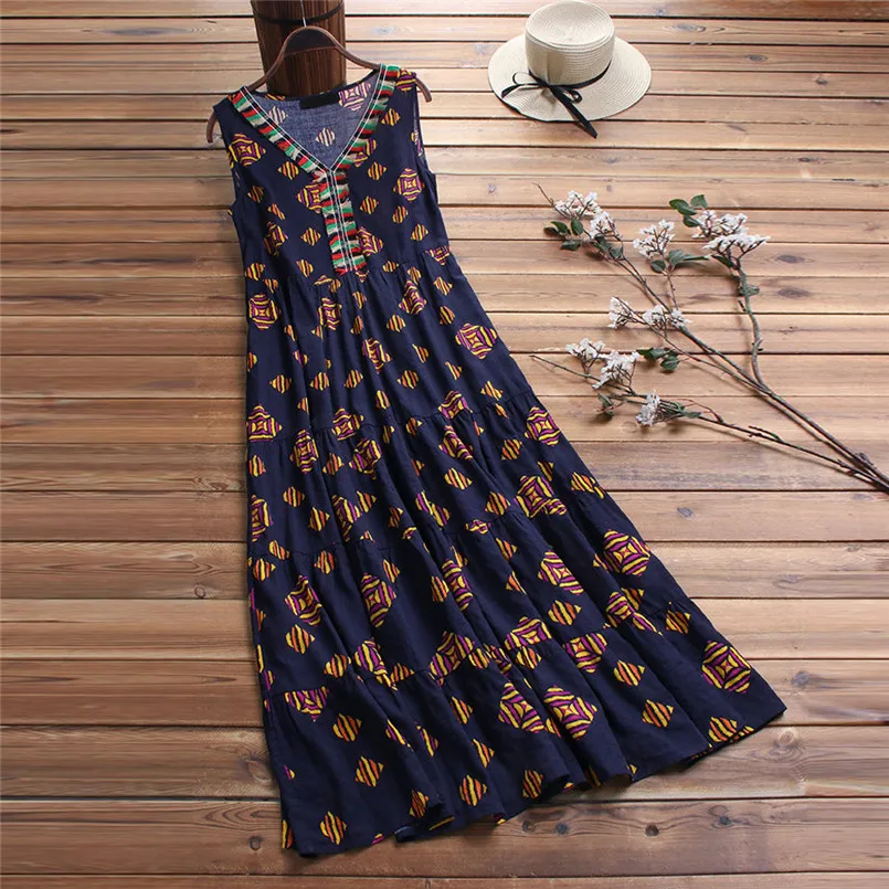 Женское винтажное платье без рукавов с этническим принтом льняное v образным