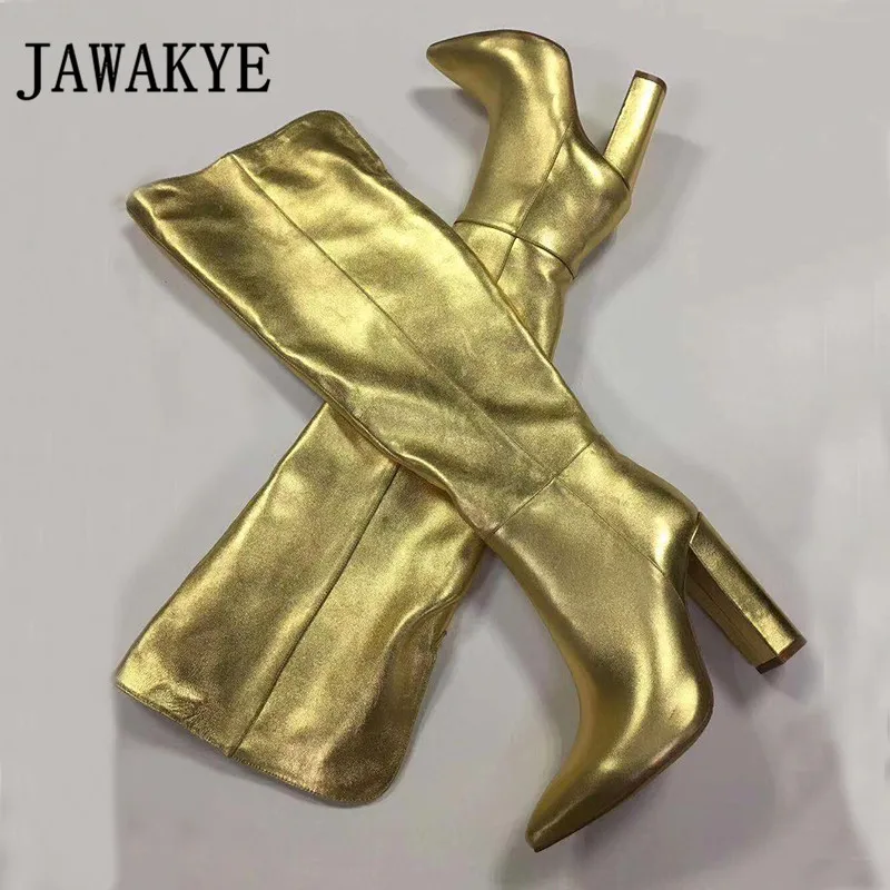 JAWAKY/Подиумные Кожаные Сапоги выше колена золотистого цвета пикантные женские Клубные вечерние туфли на шпильке с острым носком женские рыцарские сапоги