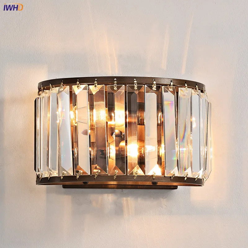 

IWHD American Country Crystal Wall Light Fixtures Bedroom Beside Stair Lamp Vintage Wall Sconce Lights LED Aplique Luz Pared