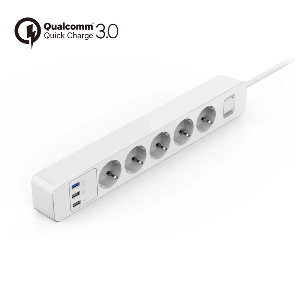 Мощность полосы 3/4/5 AC розетки ЕС Plug стабилизатор напряжения protectorwith с 3 портами(стандарт QC3.0 быстро/быстрое/Быстрый Зарядное устройство и 1,5 м кабель-удлинитель