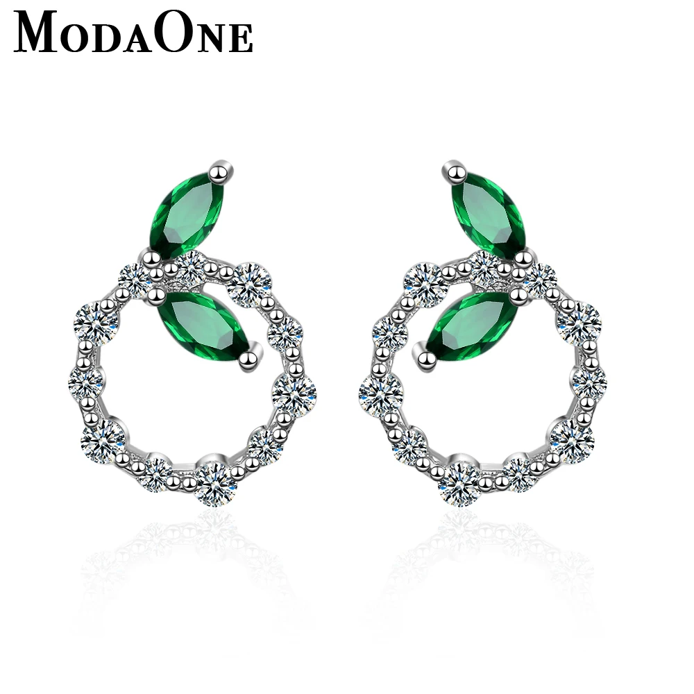 ModaOne Green Leaf Crystal Round Zircon Sterling Silver Stud Earrings For Women Fashion Trendy Jewelry Aretes De Mujer | Украшения и