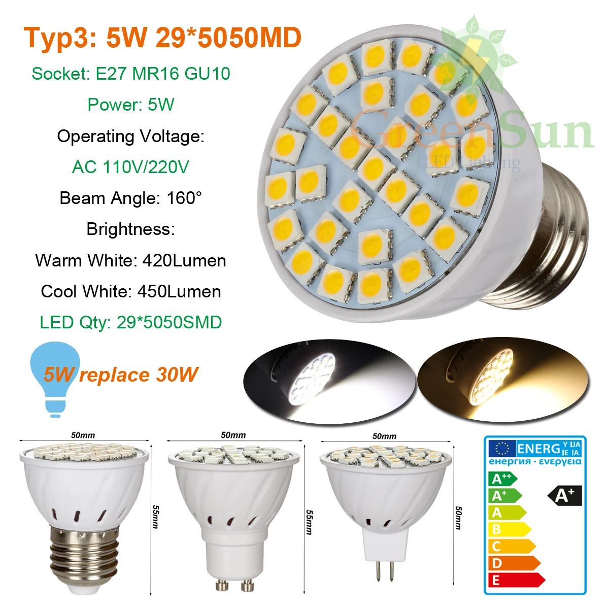 220V 110V MR16/GU10/E27 3/4/5 Вт 5050SMD Светодиодный прожектор Точечный светильник LED лампа