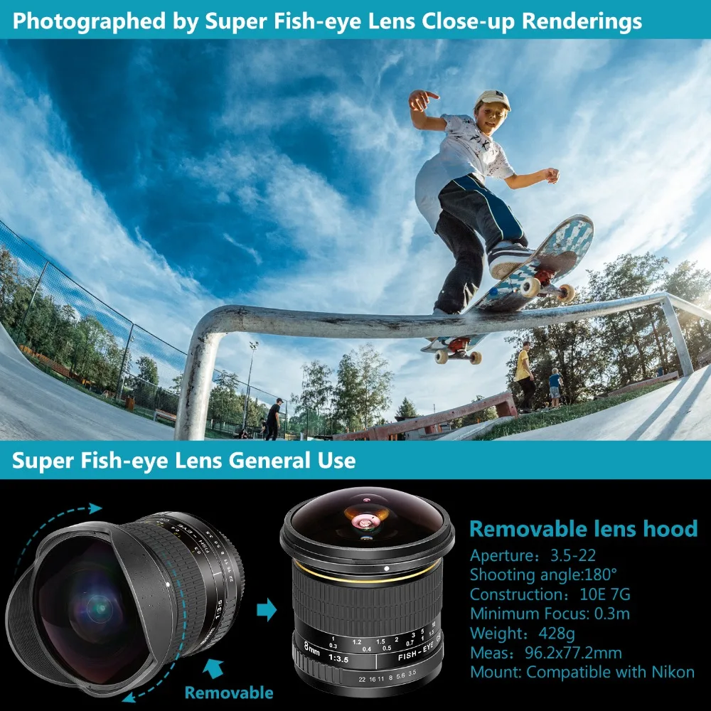Асферический HD объектив рыбий глаз Neewer Pro 8 мм f/3,5 для Nikon D5, D4s, D4, D3x, Df, D850, D810, D750, D610, D500, D7500, D7200, D7100, D5600