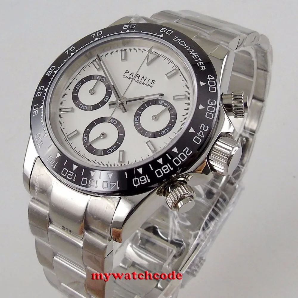 39mm PARNIS white dial sapphire glass solid full Chronograph quartz mens watch P1077 | Наручные часы