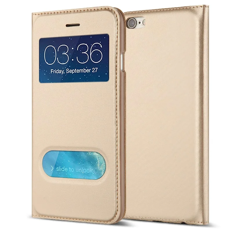 Gold Кожаный чехол Smart Window View для iPhone X XS 5 5S SE, чехлы с передним сенсорным откидным экраном для телефонов iPhone 8 7 6 6s Plus, Модный чехол - Цвет: Gold