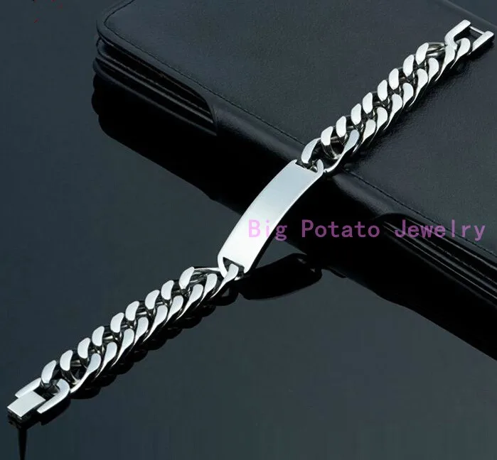 Silver Color Cuban Link Chain With ID 316L Stainless Steel Bracelet Bangle For Strong Mens Jewelry 22cm*15MM High Quality | Украшения и