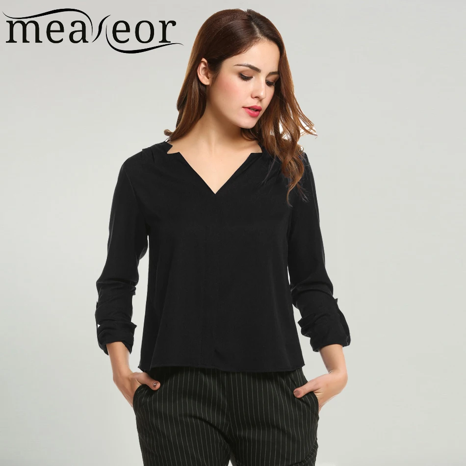 Женская шифоновая блузка Meaneor весенне летняя однотонная Асимметричная с v