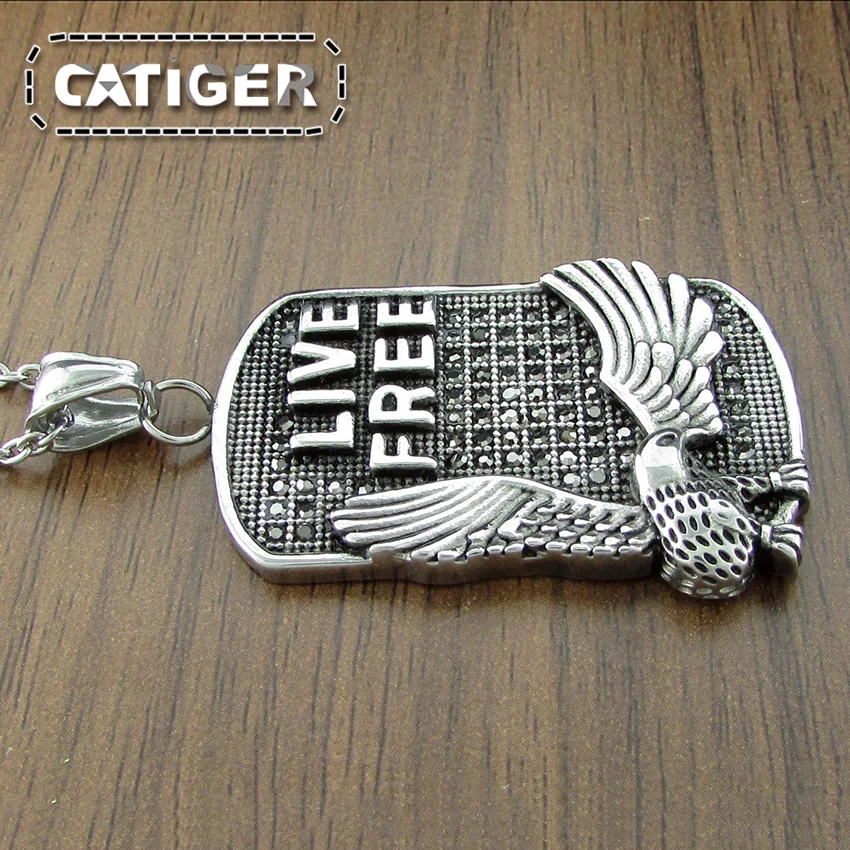 Punk 316L Stainless Steel Silver color Black Rhinestone Live Free Eagle Biker Pendant (Include the Link Chain For Free) | Украшения и