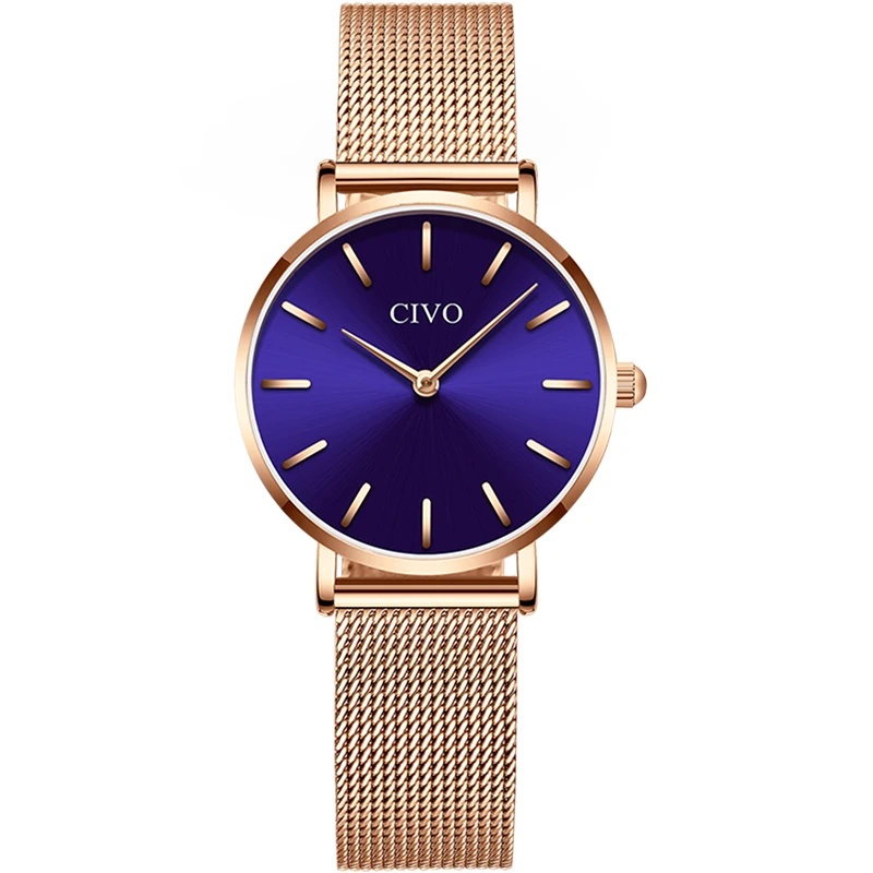 Фото Женские наручные часы CIVO Модные Серебристые с сеткой водонепроницаемые