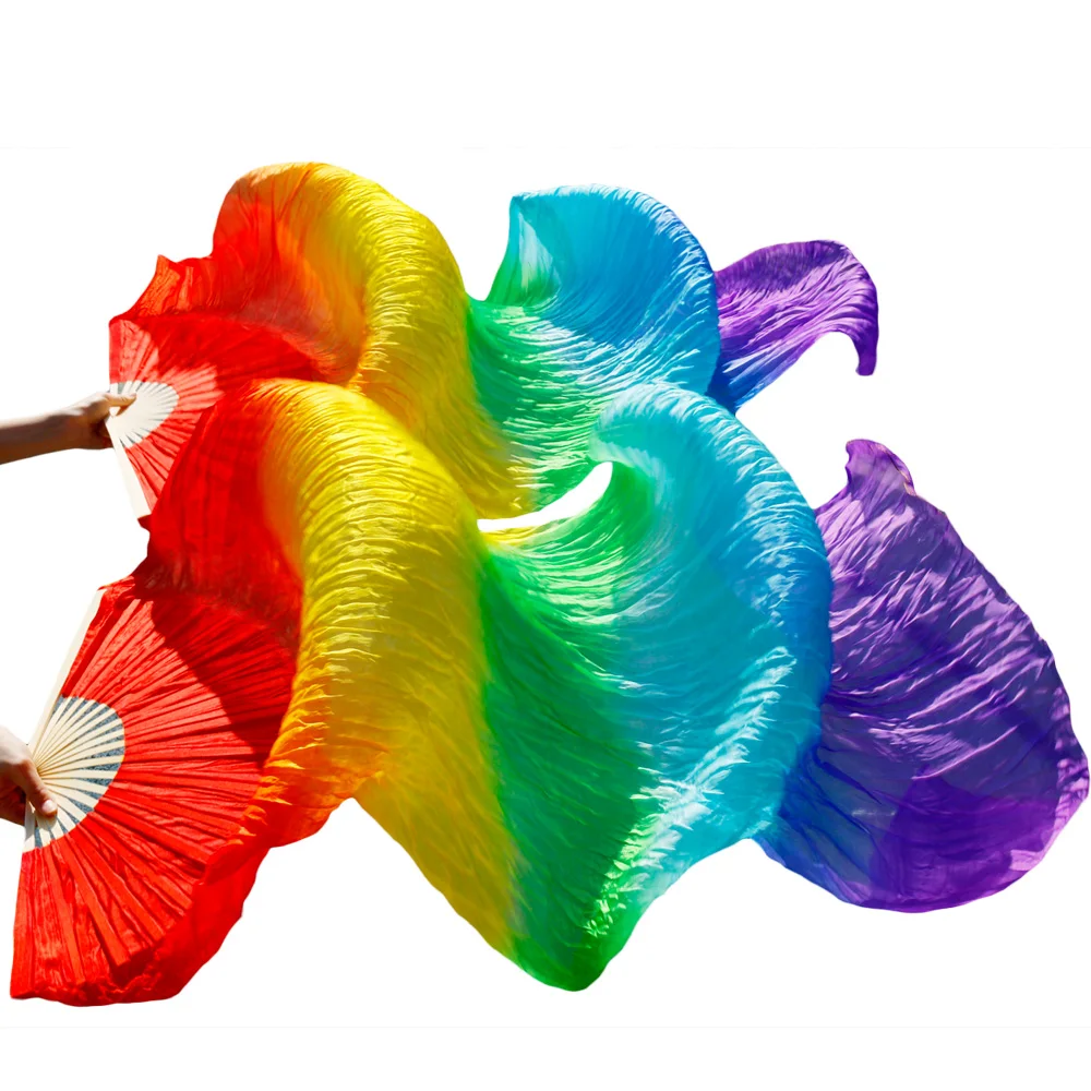

wholesale 1pc right fans+1 pc left fans 5 size*0.9m(XX"*35") hand painted belly dance silk fan veil,hot sale rainbow color