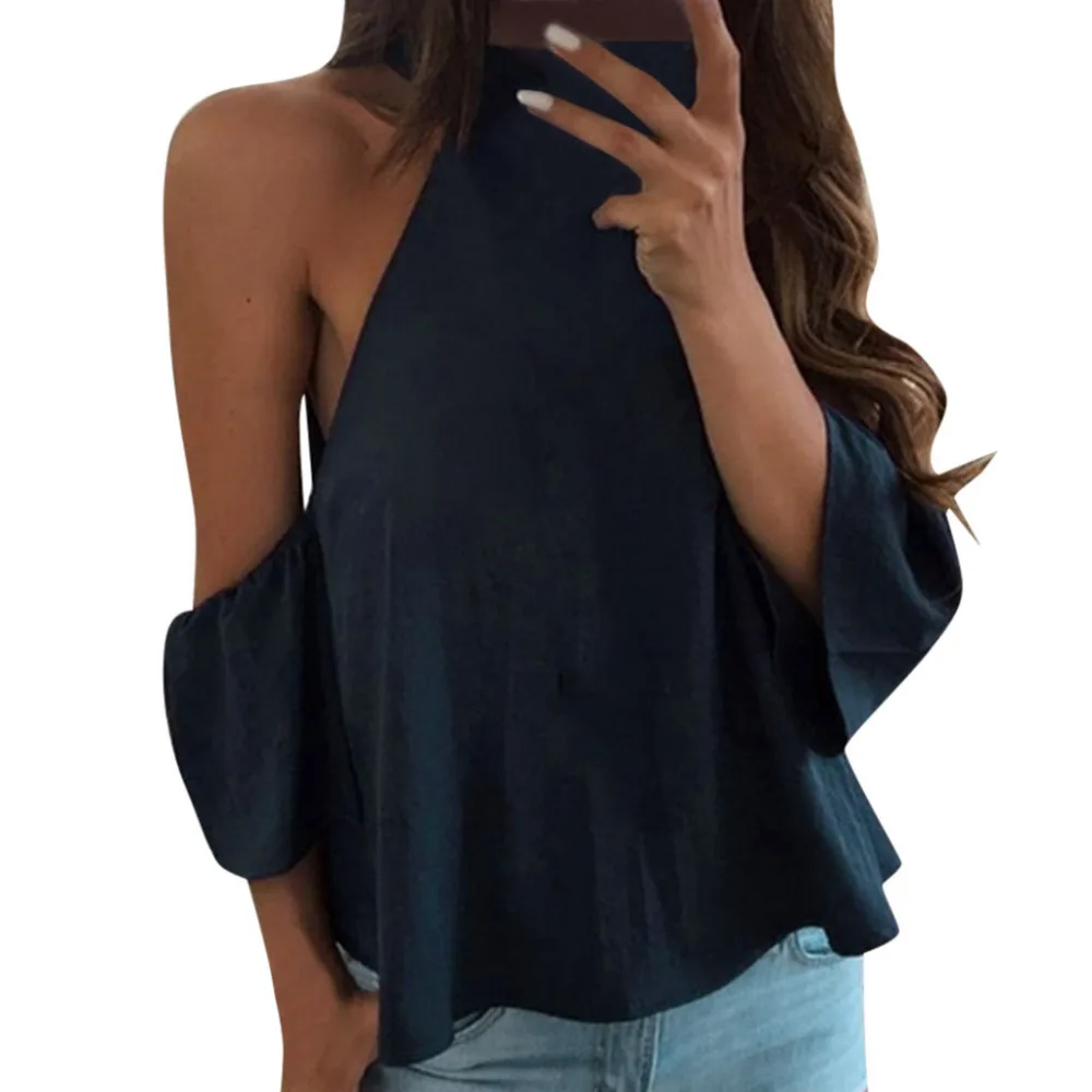 2019 модная женская блузка рубашка с открытыми плечами и коротким Расклешенным