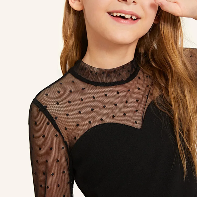 SHEIN/Детские топы в горошек с воротником-стойкой и сеткой с баской для девочек; коллекция года; летние облегающие блузки с длинными рукавами для девочек