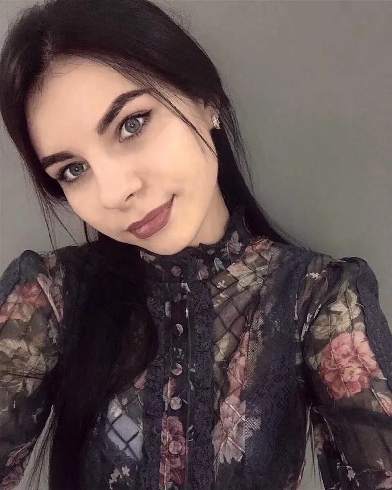 2019 spring new arrive silk women blouse floral print lace full sleeve blouse&ampshirts |
