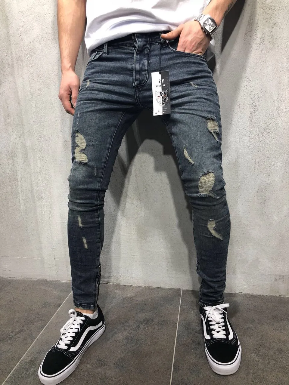 

Fashion Skinny Jeans for Mens Spring Casual Slim Fit Streetwear Ripped Hole Zipper Hiphop Stretch Denim Pants