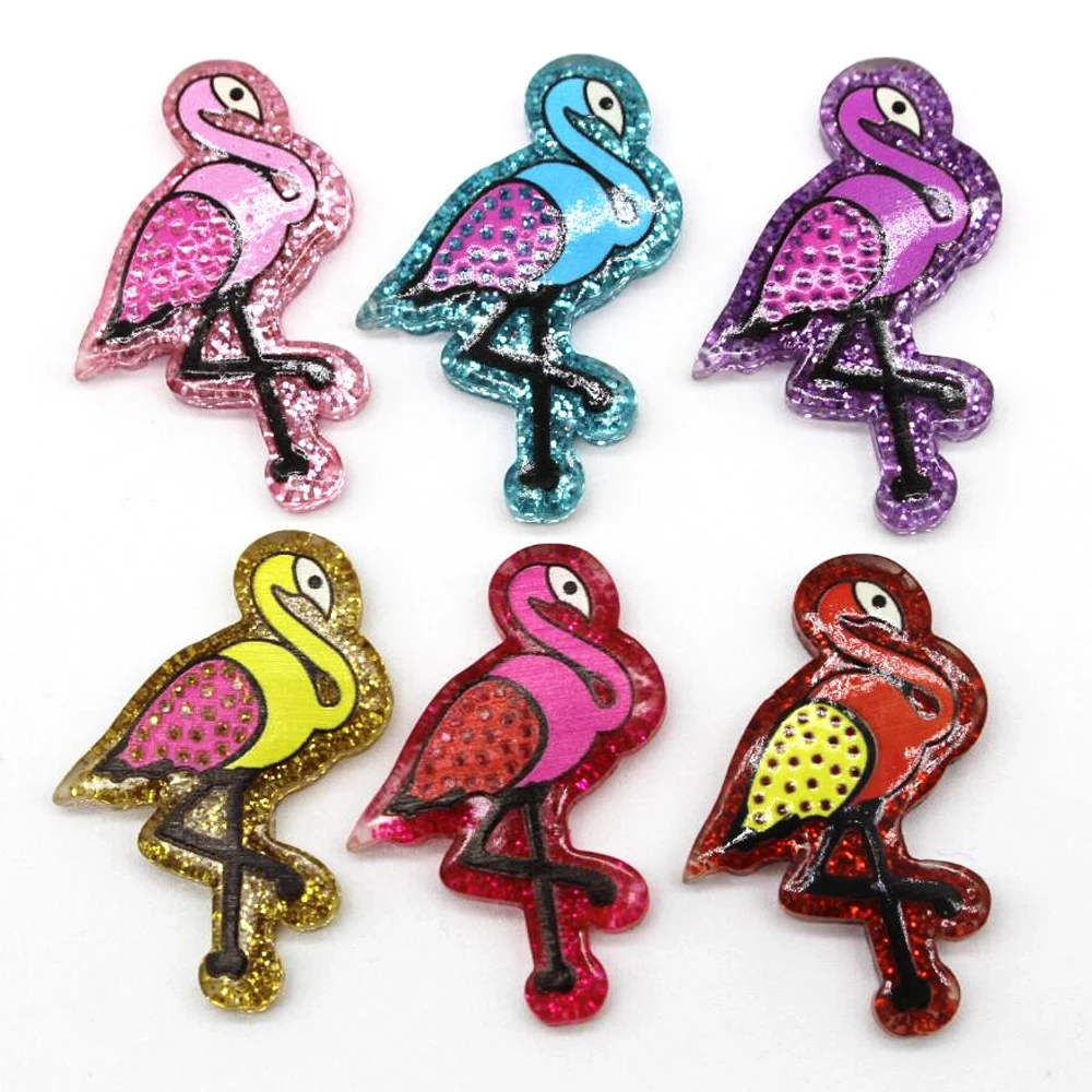 10pcs / lot 24x35mm flat back resin flamingo flat hair bow face cartoon earrings / brooch DIY fashion colorful glitter wholesale