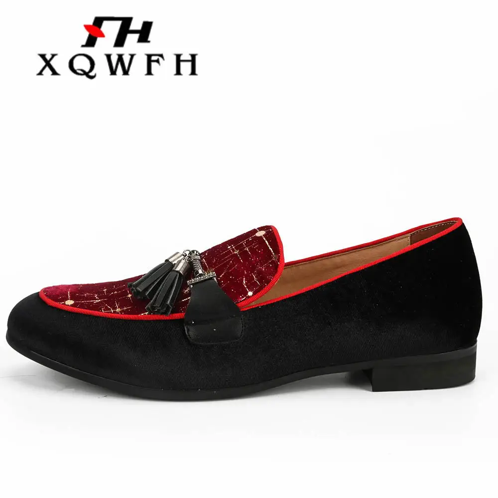 Handmade Velvet Men Loafers Fashion Party and Wedding Tassel Shoes Male Smoking Slipper Plus Size Men's Flats | Обувь