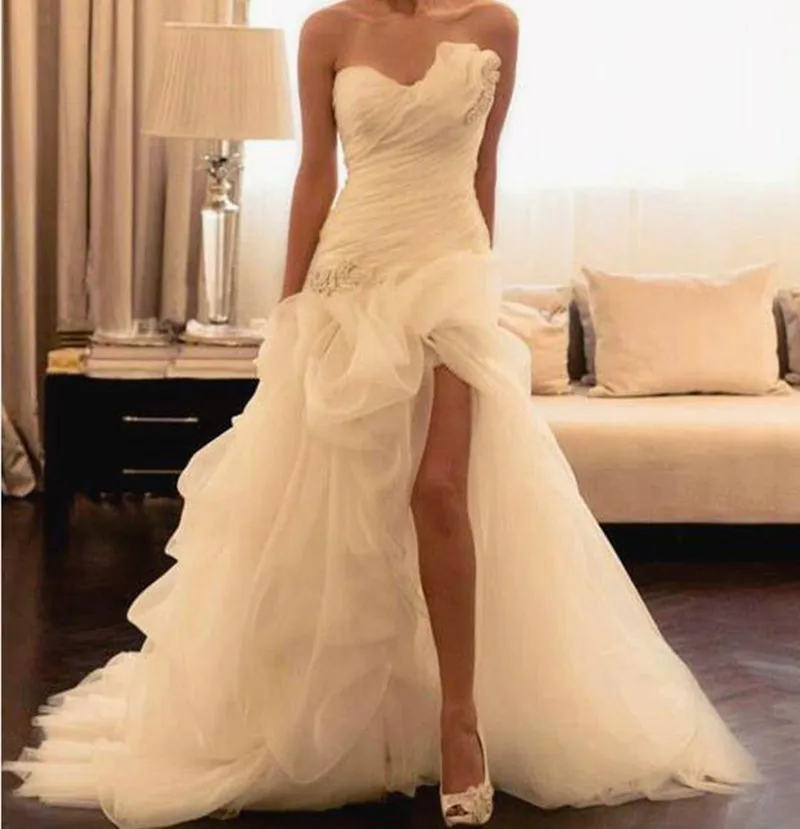 Мода Белый Высокий Низкий Асимметричный Пляж Свадебное Платье Без Рукавов