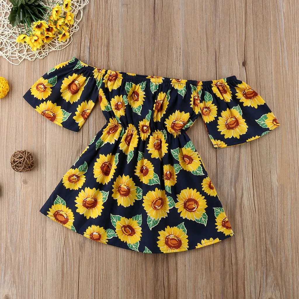 Children Kids Baby Girls Sleeveless Off Shoulder Sunflower Print Floral Dress Infant Outfit Vestido Menia Bohemian Dresses | Детская