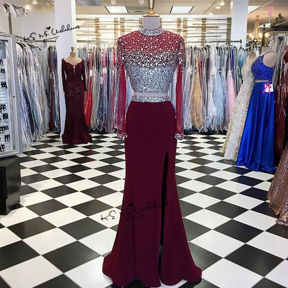 

Платье женское вечернее из двух частей, роскошное пикантное вечернее, с длинным рукавом, с разрезом, с кристаллами, для выпускного вечера