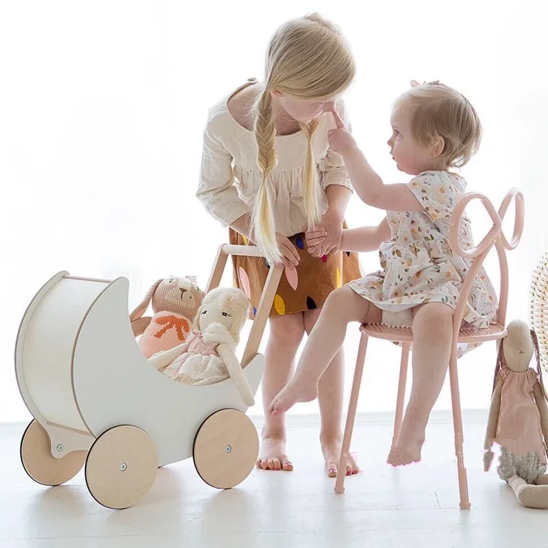 

INS Style Baby Walker with 4 Wheels, Offwhite Moon Type Stroller, Wooden Push Toy Activity Wagon for Toddler