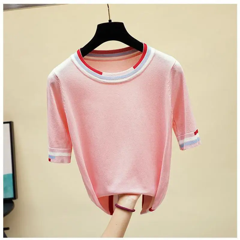 Women Summer Sweaters Thin Female Pullovers 2019 Knitting Shirts Pink Black White Tees O-neck Short Sleeve Pull Femme Tops | Женская