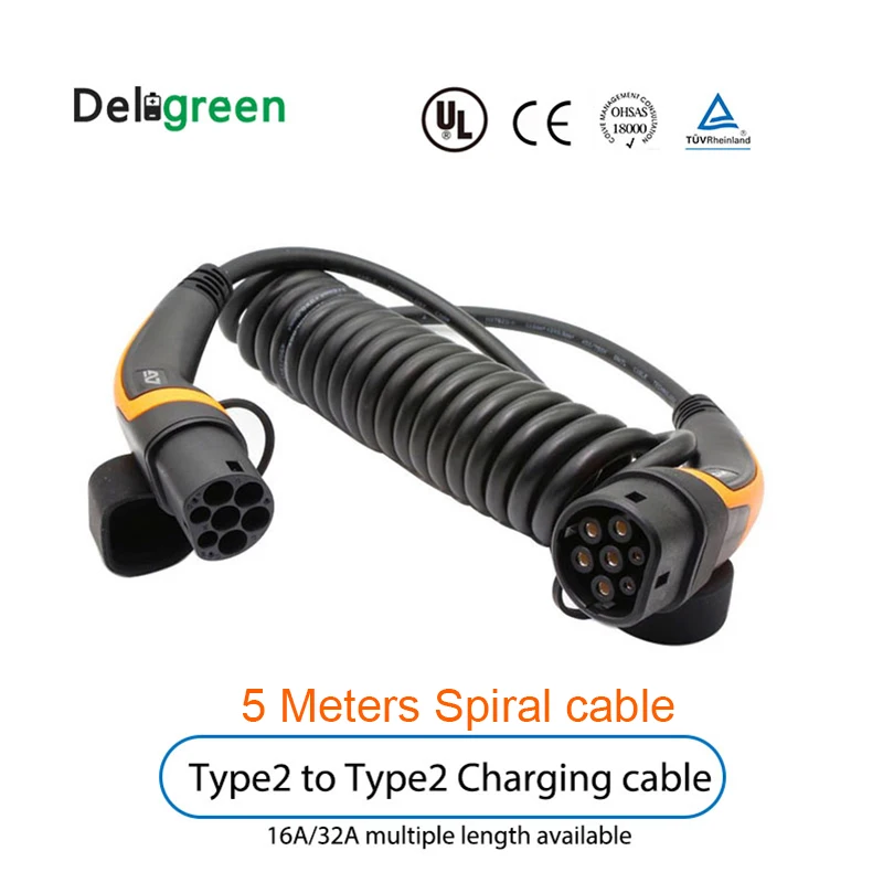 

Level 2 EV Car charger with 5M 16A 32A Type 2 to Type 2 IEC62196 single phase EV Charging Plug With sprial cable TUV/UL with bag