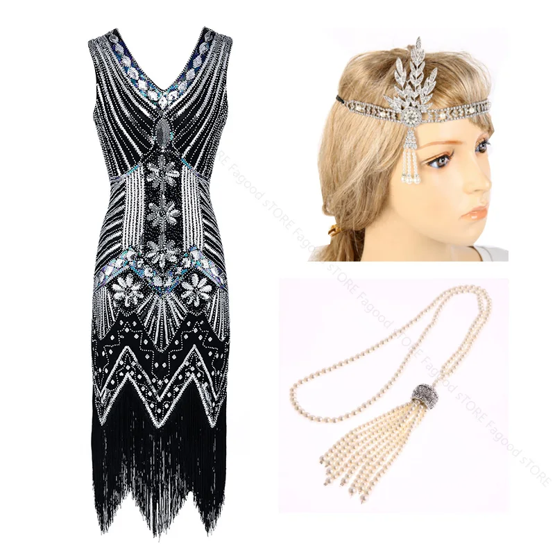 Женское платье в клетку размер 1920s Gatsby расшитое блестками с бахромой узором