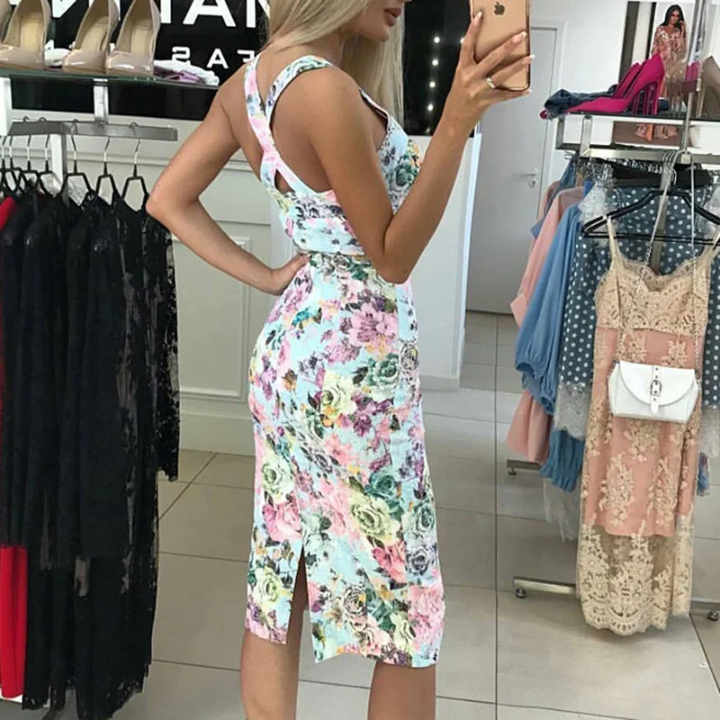 

Sundress Sexy V-neck Floral Print Dress Women Summer Backless Slim Midi Bodycon Dress Elegant Strap Party Clothes Vestido B