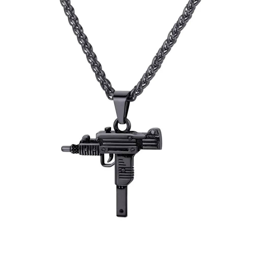 Black Gun Color U7 пистолет УЗИ форма кулон ожерелье для мужчин хип хоп ювелирные изделия золото/черный цвет нержавеющая сталь армейский Стиль Мужская цепочка ожерелье s P1159 - Окраска металла: Black Gun Color