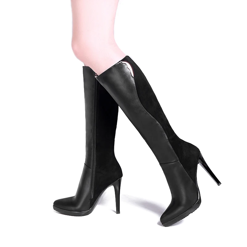 

JK High Quality Women Knee High Boots Short Plush High Heels Shoes Woman Winter Boots Patchwork Zipper Platform Shoes Pointed