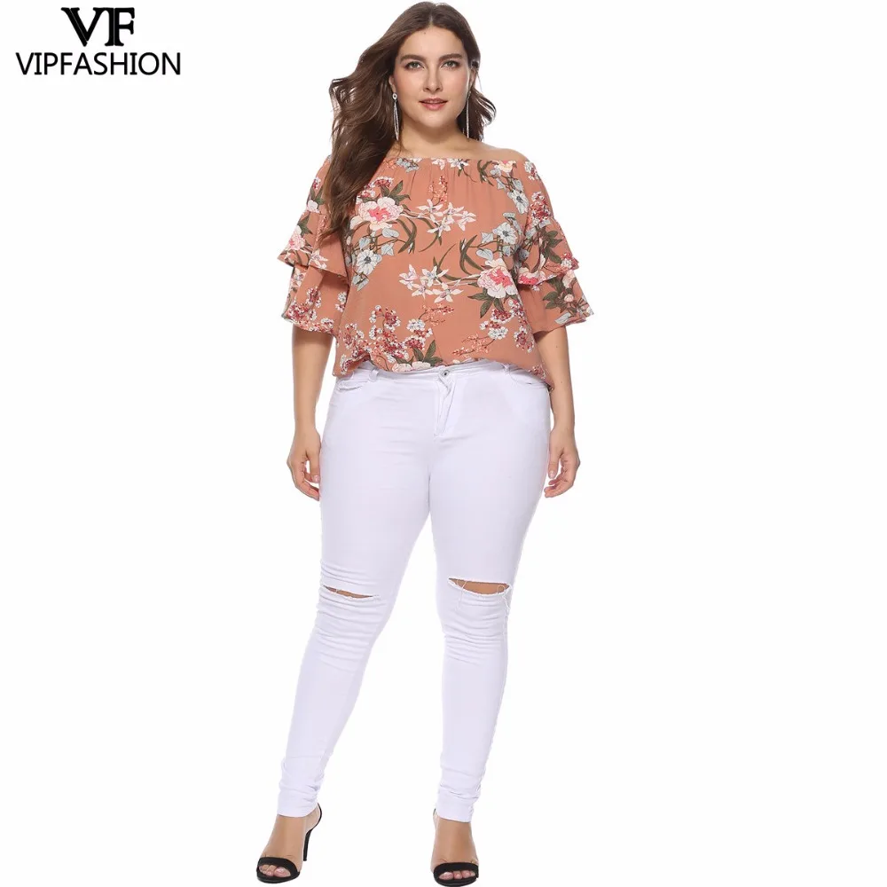 VIP FASHION 2019 New Arrivals Plus Size Sexy Ladies Printed Slash Neck Casual Shirt Half SLeeve Chiffon Women's Summer |