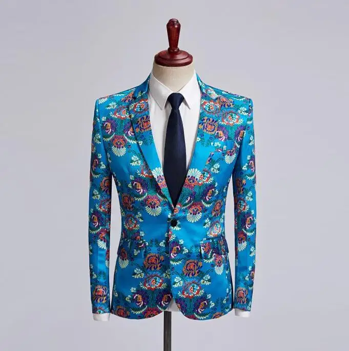 Blue printing wedding suits for men blazer boys prom mariage suits fashion slim masculino latest coat designs singer stage