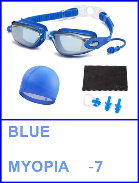 Blue-Set Myopia 700 Очки для плавания по рецепту(близорукие 0-8,0 диоптрий), очки для плавания для близорукости+ шапочка для плавания+ зажим для носа+ беруши+ Сухая ткань - Цвет: Blue-Set Myopia 700