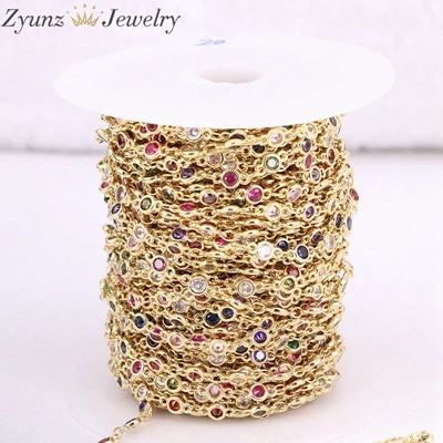 Gold color 3 метра ZYZ320-6079 кубические соединительные Звенья из циркония звенья цепи, ободок Установка CZ огранки круглые 4 мм красочные CZ камни, аксессуары - Цвет: Gold color
