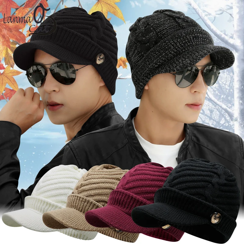 Lanmaocat Knitting Hat Men Women Winter Knitting Hats Warm Cap with Visor Wool Winter Knitting Hats Free Shipping