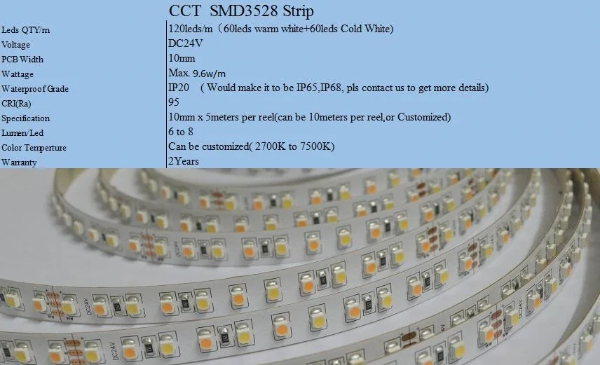 Двойной Цвет ультратонкое естественное освещение CRI> 95+ Ra SMD3528 CCT Цвет Температура Регулируемый& регулируемая светодиодная лента света CW+ WW DC12/24 V 120 светодиодный s/m 5 м/катушка