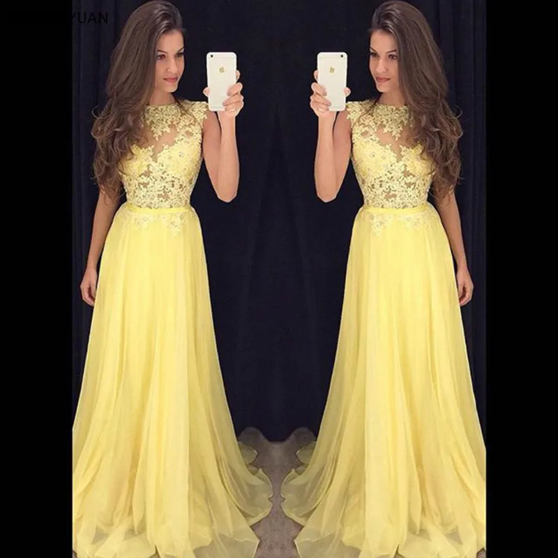 

Vestido De Festa Longo Yellow Chiffon Long Prom Dresses Lace Appliques Cheap Evening Dress Party 2021