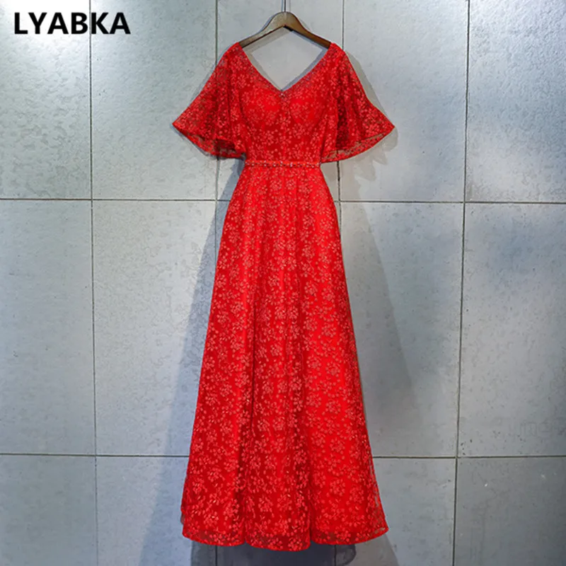 Sexy V-Neck Evening Dress Elegant Robe De Soiree A-line Short Sleeve Red Lace Dresses Long 2019 Vestido Festa |