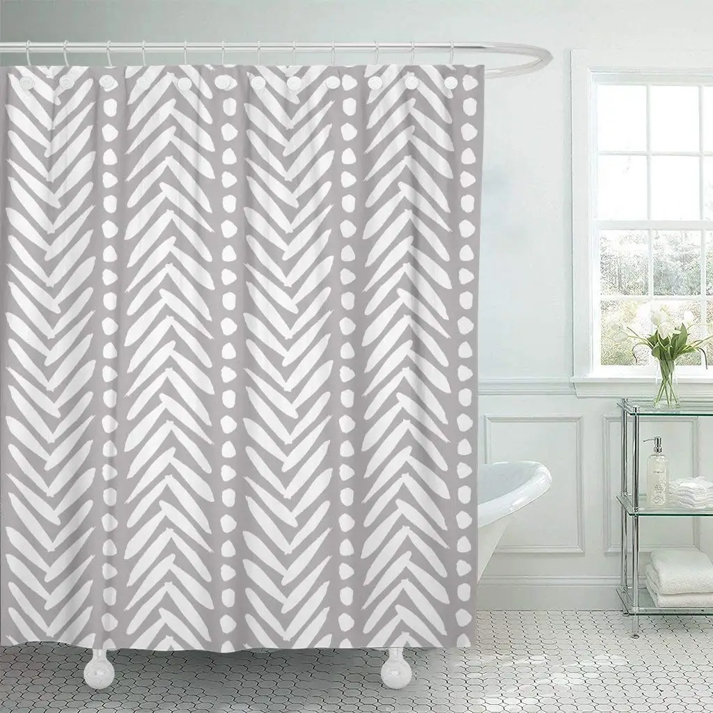 

Fabric Shower Curtain with Hooks Beautiful in Bohemian Abstract with Brushed Stripes and Dots Classic Elegant White